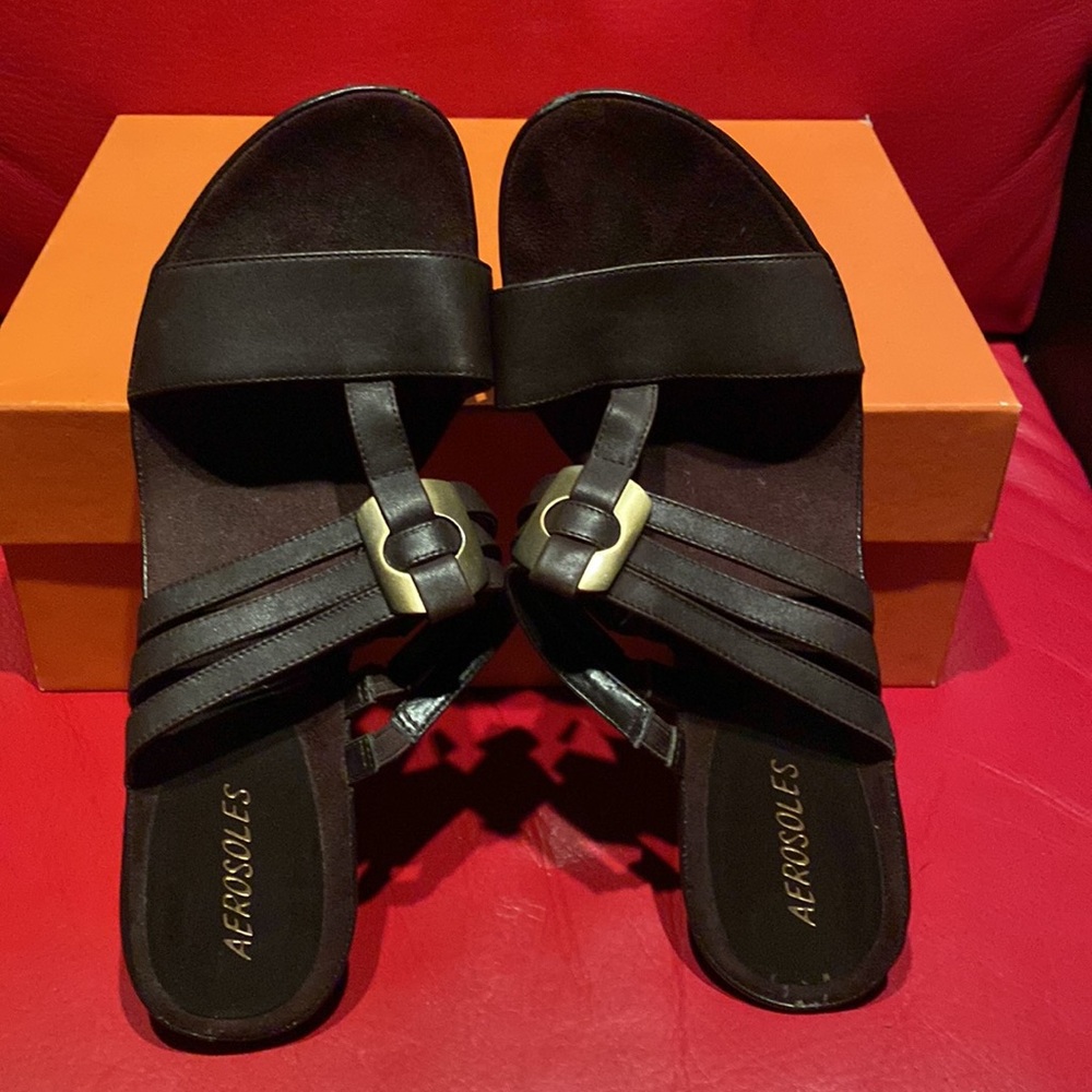 Aerosoles Chocolate Brown Gold Buckle Stretch Sandals